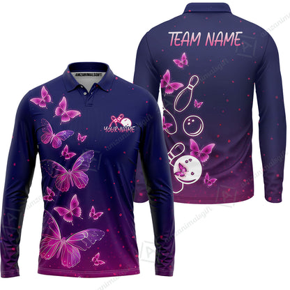Custom Bowling Jersey Polo Shirt, Neon Butterfly Bowling, Custom Bowling Jersey Team Shirt