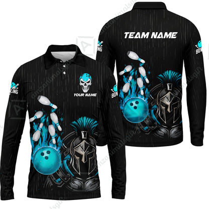 Custom Bowling Jersey Polo Shirt, Fire Bowling Knight Rain Skull Logo, Personalize Name & Team Name