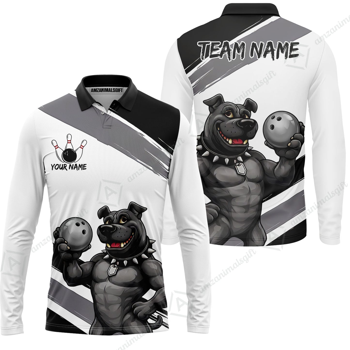 Custom Bowling Jersey Polo Shirt, Pitbull Hold Bowling Ball, Custom Bowling Jersey Team Shirt For Players With Name & Team Name