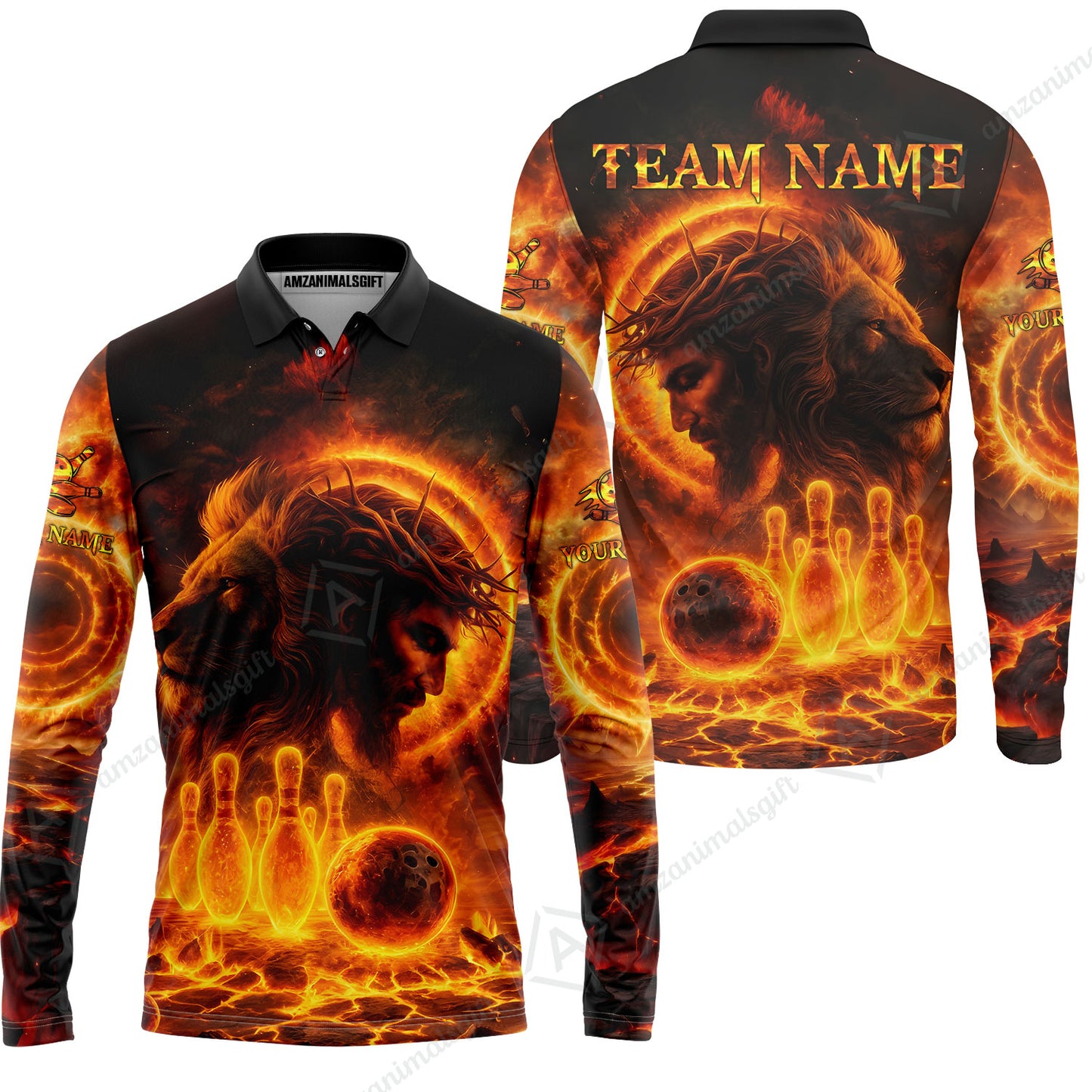 Custom Bowling Team Short Sleeve Men Polo Shirt, Flame The Lion OF Judah With Bowling, Custom Name and Team Name for Bowlers