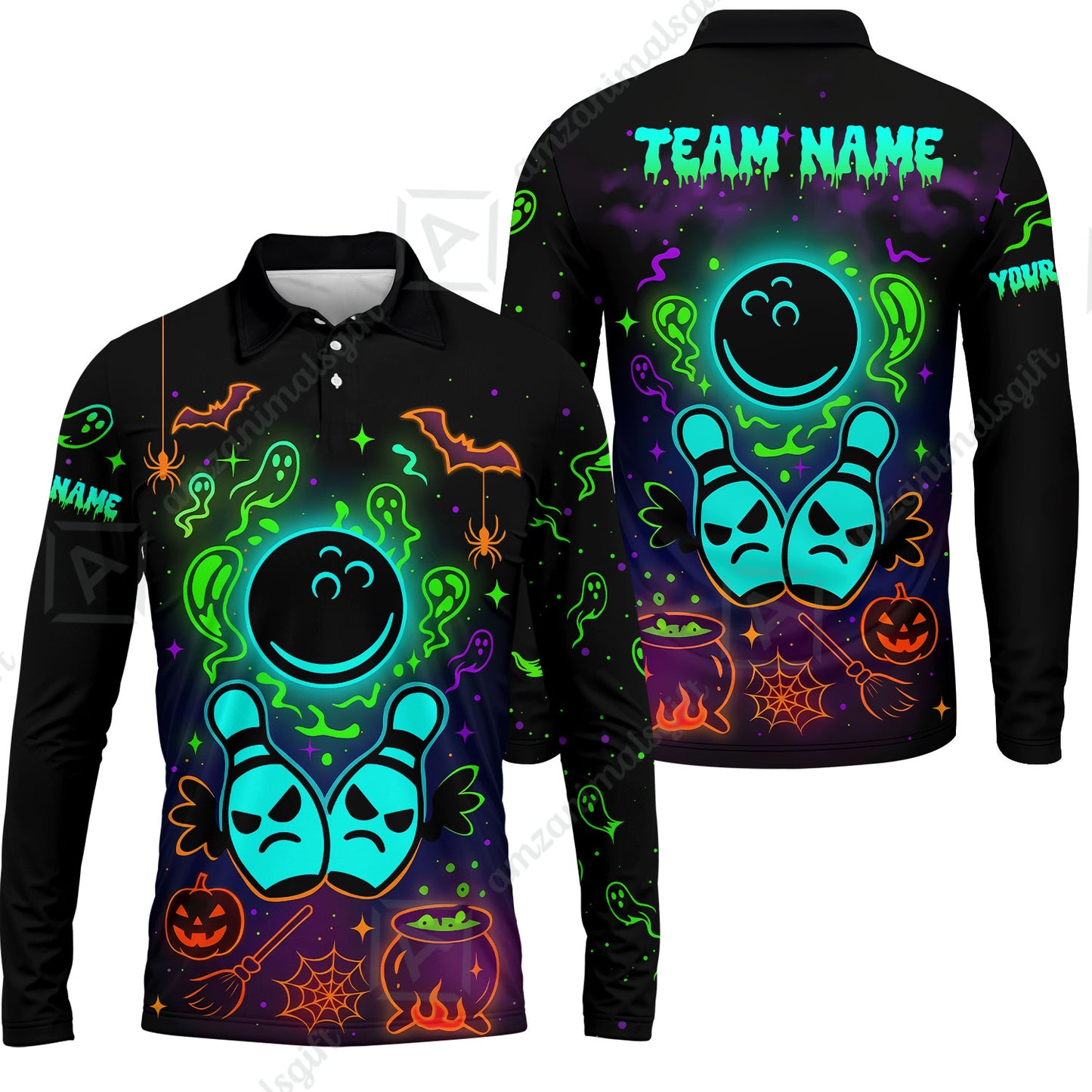 Customized Bowling Shirt, Halloween Neon Bowling, Personalized Polo Shirt For Players With Name & Team Name