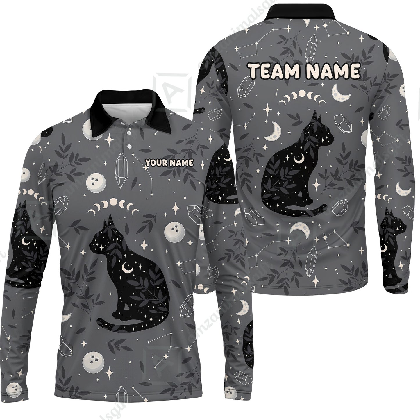Custom Bowling Jersey Polo Shirt, Black Cat Moon Bowling Grass, Personalized Name And Team Name