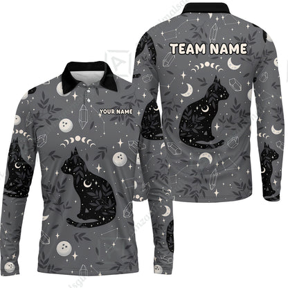 Custom Bowling Jersey Polo Shirt, Black Cat Moon Bowling Grass, Personalized Name And Team Name