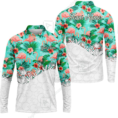 Custom Bowling Jersey Polo Shirt, Tropical Pink Flamingo Hawaiian, Custom Bowling Jersey Team Shirt For Players With Name & Team Name