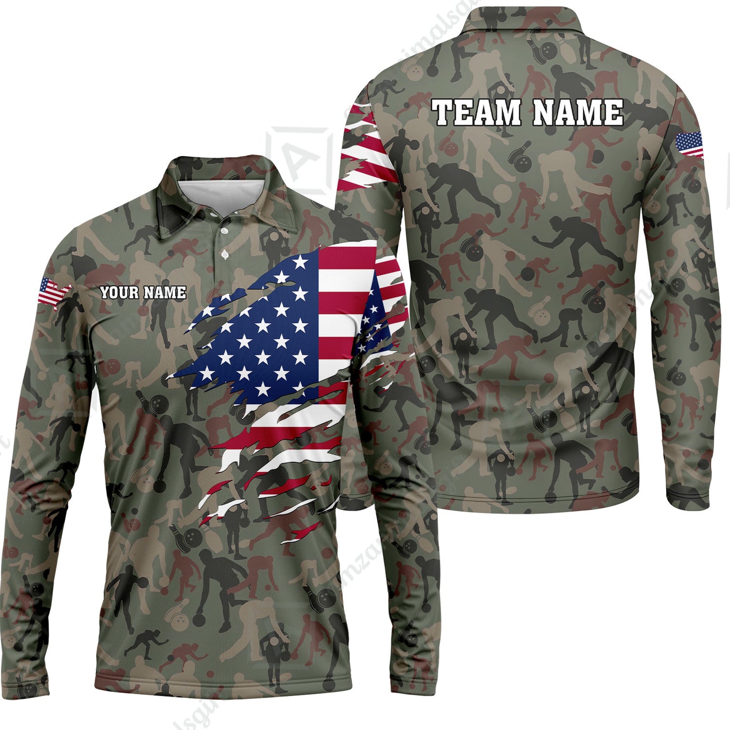 Custom Bowling Jersey Polo Shirt, American Flag Woodland Green Camouflage, Custom Bowling Jersey Team Shirt For Players With Name and Team Name