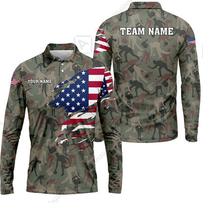 Custom Bowling Jersey Polo Shirt, American Flag Woodland Green Camouflage, Custom Bowling Jersey Team Shirt For Players With Name and Team Name