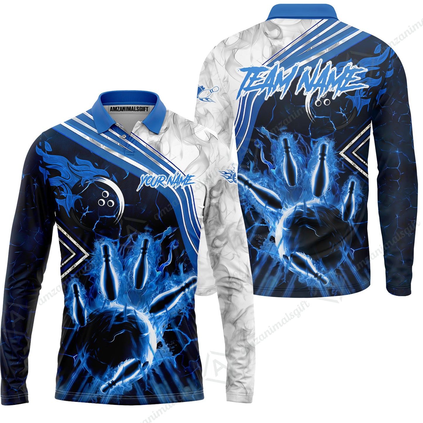 Customized Bowling Unisex Polo Shirt, Fire & Smoke Bowling Pins, Bowling Uniform - Personalized Name And Team Name