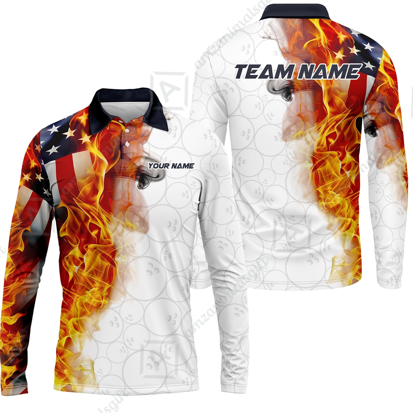 Custom Bowling Jersey Polo Shirt, Flaming USA Flag Graphic Bowling, Custom Bowling Jersey Team Shirt For Players With Name & Team Name