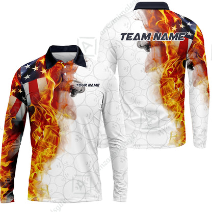 Custom Bowling Jersey Polo Shirt, Flaming USA Flag Graphic Bowling, Custom Bowling Jersey Team Shirt For Players With Name & Team Name