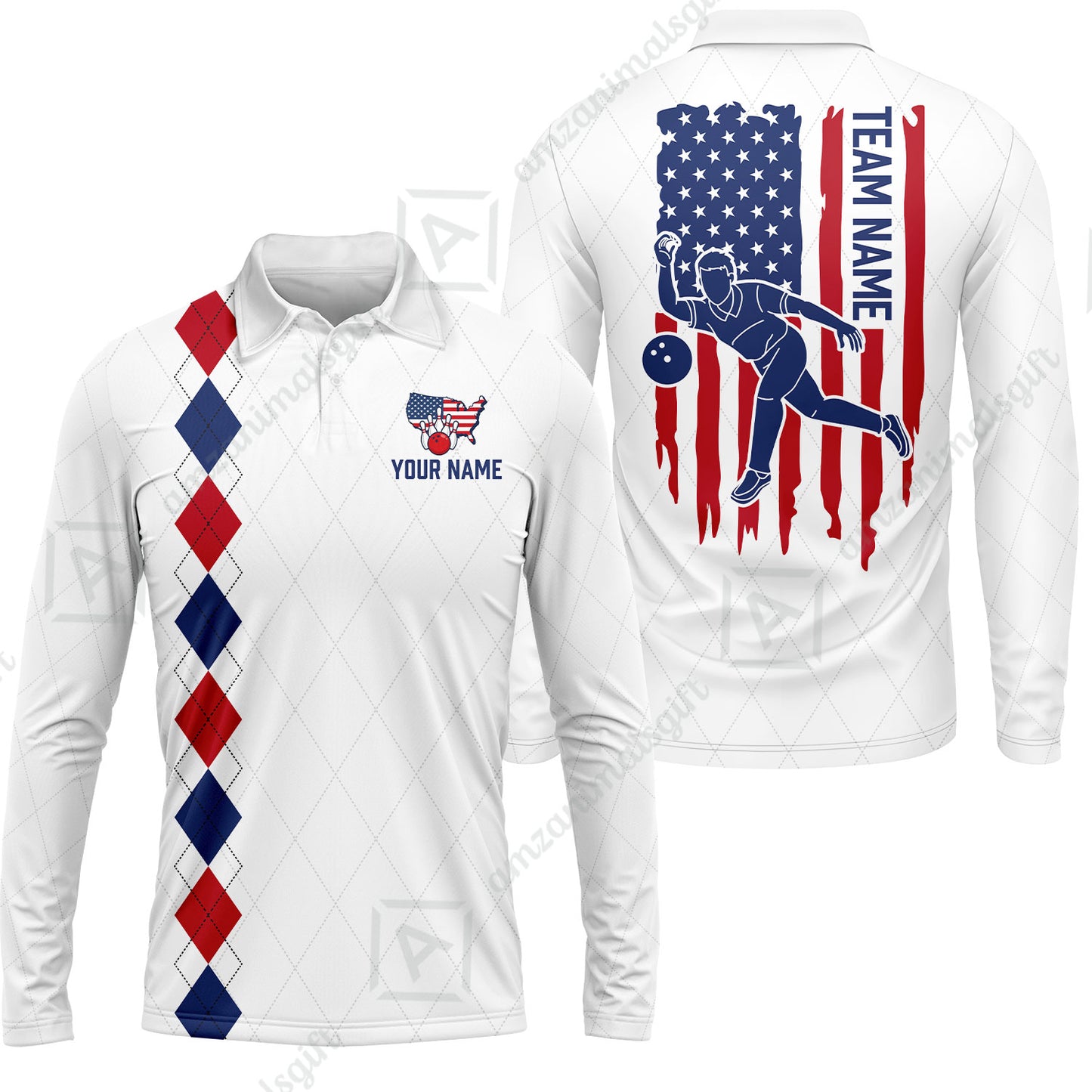 Custom Bowling Jersey Polo Shirt, Patriotic Argyle USA Flag Bowler, Custom Bowling Jersey Team Shirt For Players With Name & Team Name
