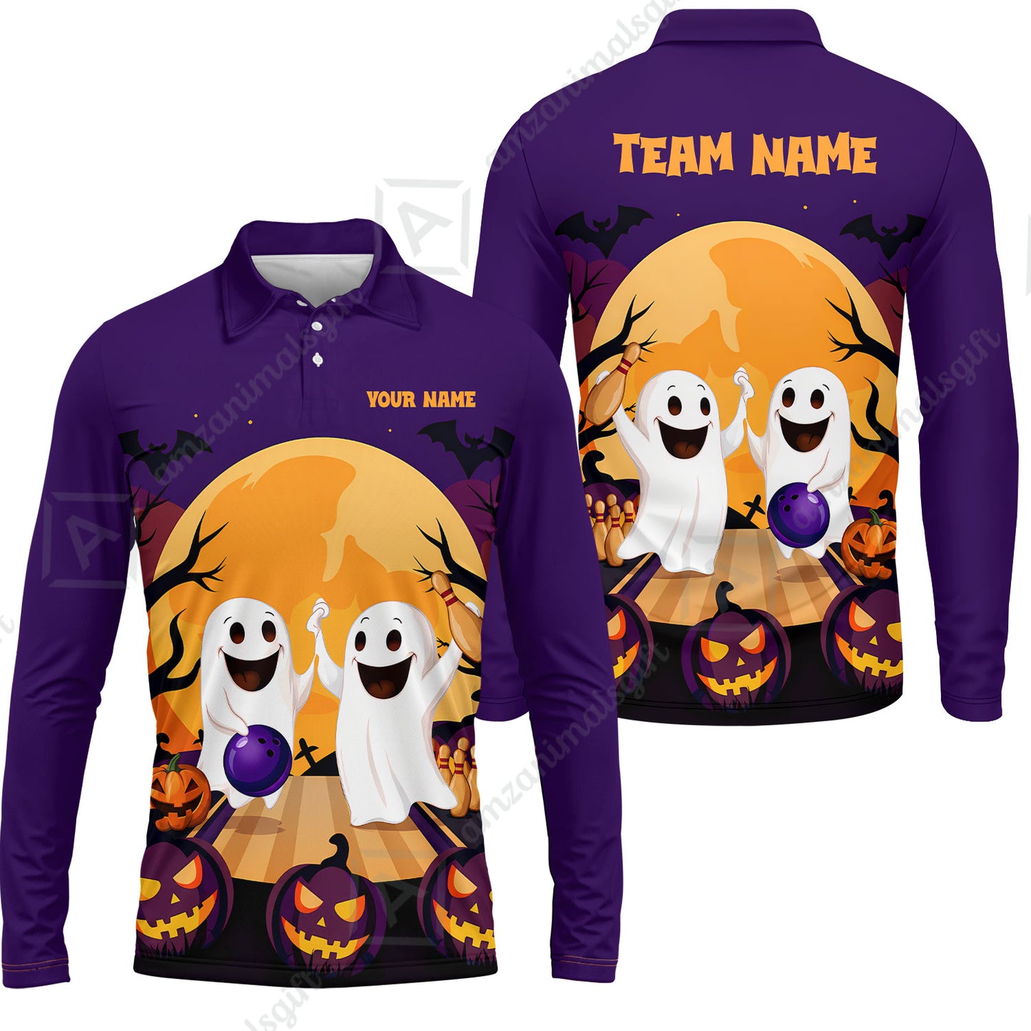 Custom Bowling Jersey Polo Shirt, Bowling Ghost Pumpkin Halloween, Personalized Name And Team Name