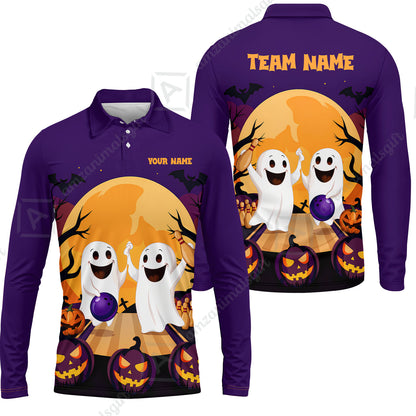 Custom Bowling Jersey Polo Shirt, Bowling Ghost Pumpkin Halloween, Personalized Name And Team Name