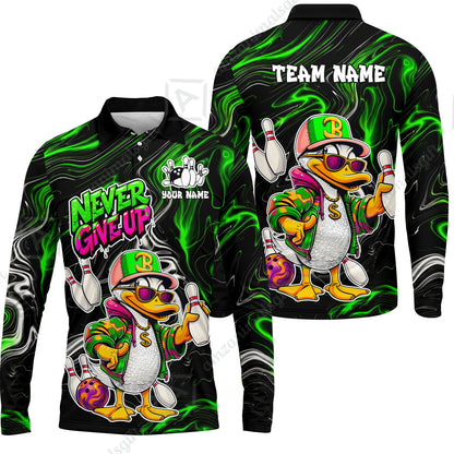 Custom Bowling Jersey Polo Shirt, Duck Never Give Up, Custom Bowling Jersey Team Shirt For Players With Name & Team Name