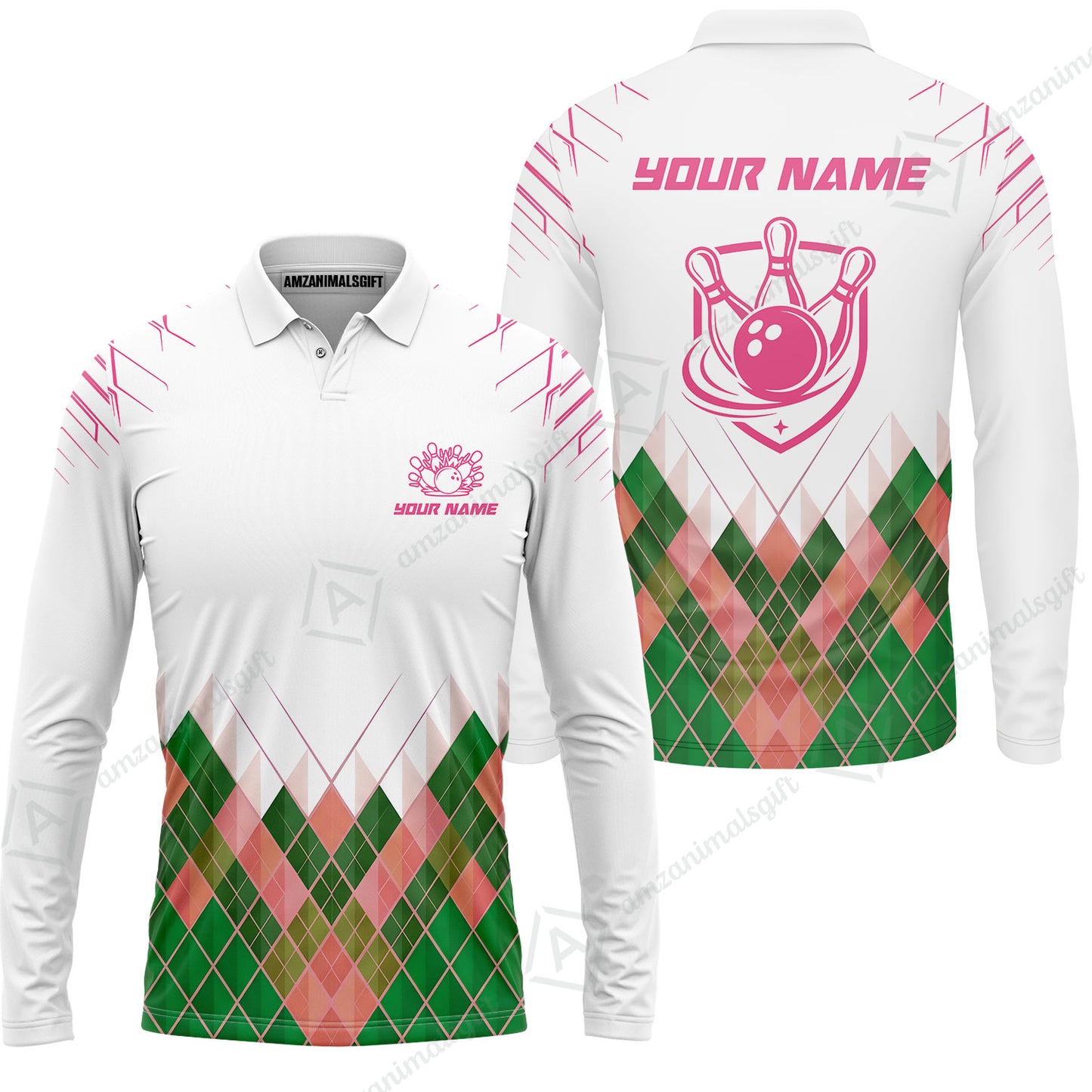Custom Bowling Jersey Polo Shirt, Green Argyle Pattern Bowling Custom Bowling Jersey Team Shirt For Players With Name & Team Name