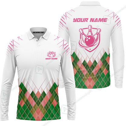 Custom Bowling Jersey Polo Shirt, Green Argyle Pattern Bowling Custom Bowling Jersey Team Shirt For Players With Name & Team Name