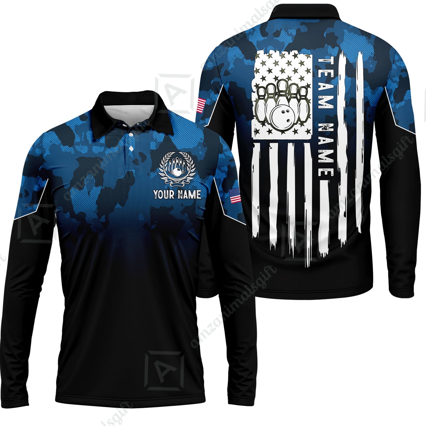 Custom Bowling Jersey Polo Shirt, Tactical Camo Patriotic Flag, Custom Bowling Jersey Team Shirt For Players With Name and Team Name