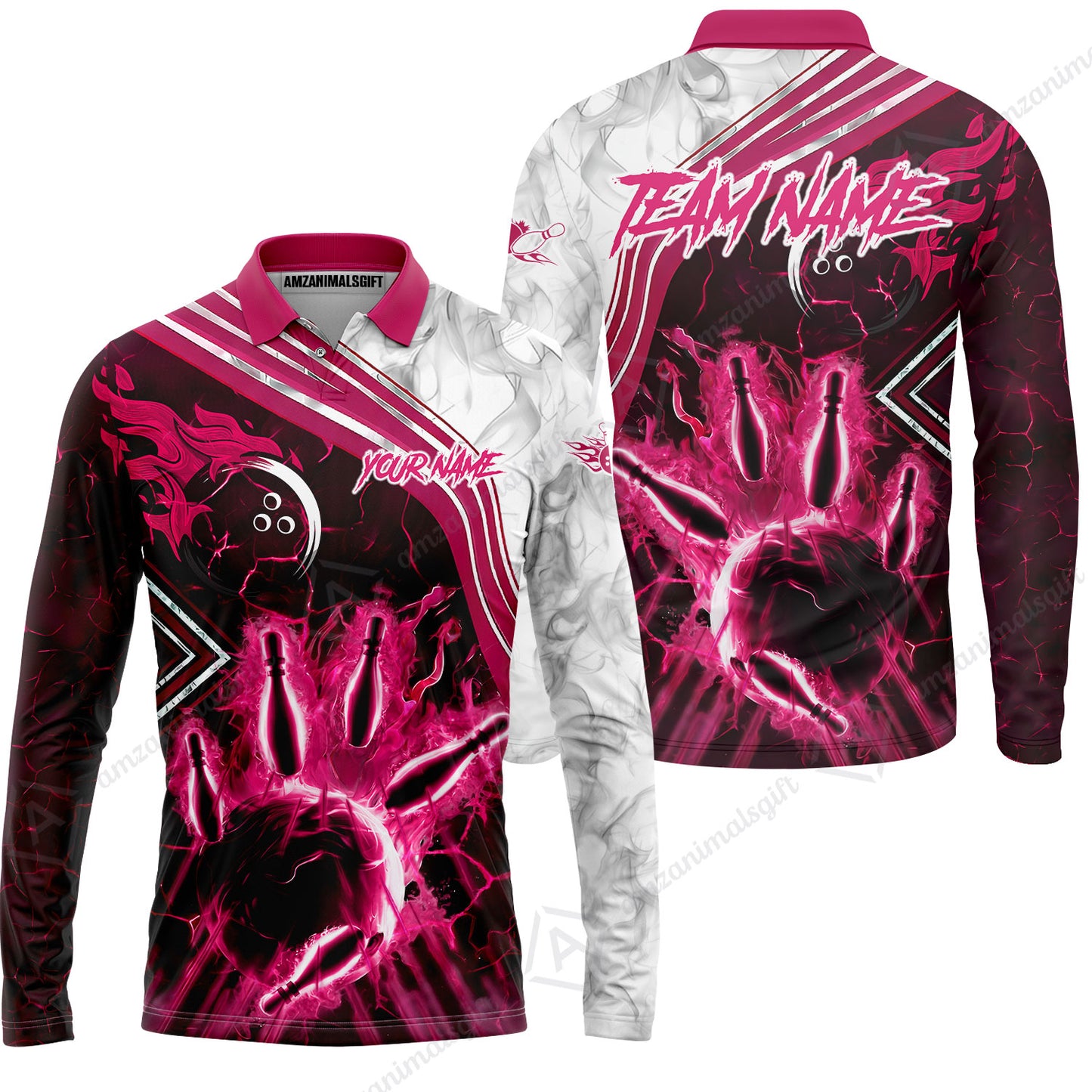 Customized Bowling Unisex Polo Shirt, Fire & Smoke Bowling Pins, Bowling Uniform - Personalized Name And Team Name