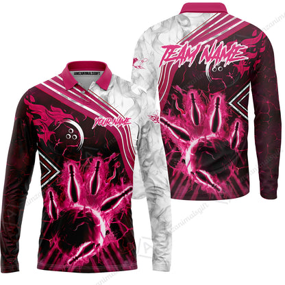 Customized Bowling Unisex Polo Shirt, Fire & Smoke Bowling Pins, Bowling Uniform - Personalized Name And Team Name