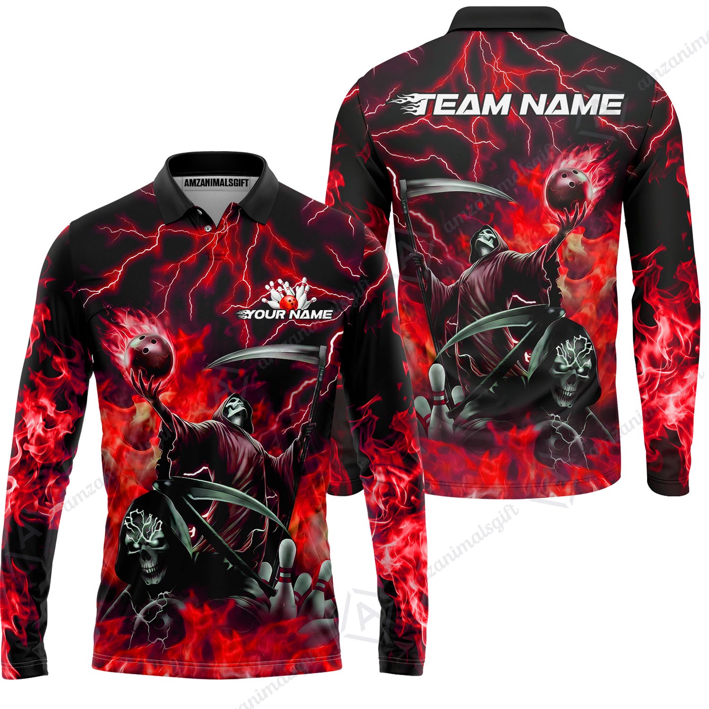 Custom Bowling Team Quarter-Zip Polo Shirt, Grim Reaper Skull With Flame Bowling Lightning Design for Bowlers, Personalized Shirt with Name and Team Name