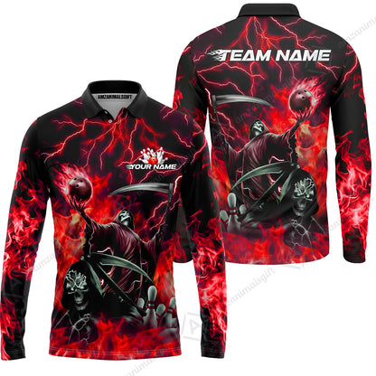 Custom Bowling Team Quarter-Zip Polo Shirt, Grim Reaper Skull With Flame Bowling Lightning Design for Bowlers, Personalized Shirt with Name and Team Name