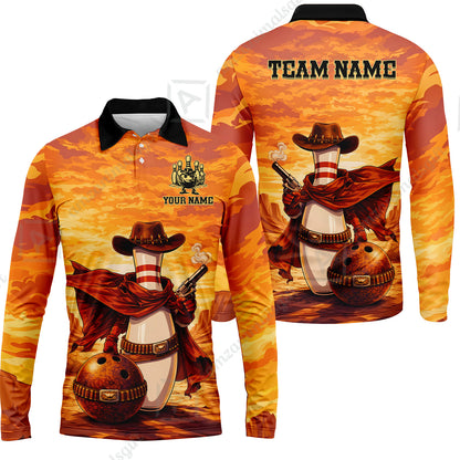Custom Bowling Jersey Polo Shirt, Pin Cowboy Bowling Sunset, Custom Bowling Jersey Team Shirt For Players With Name and Team Name