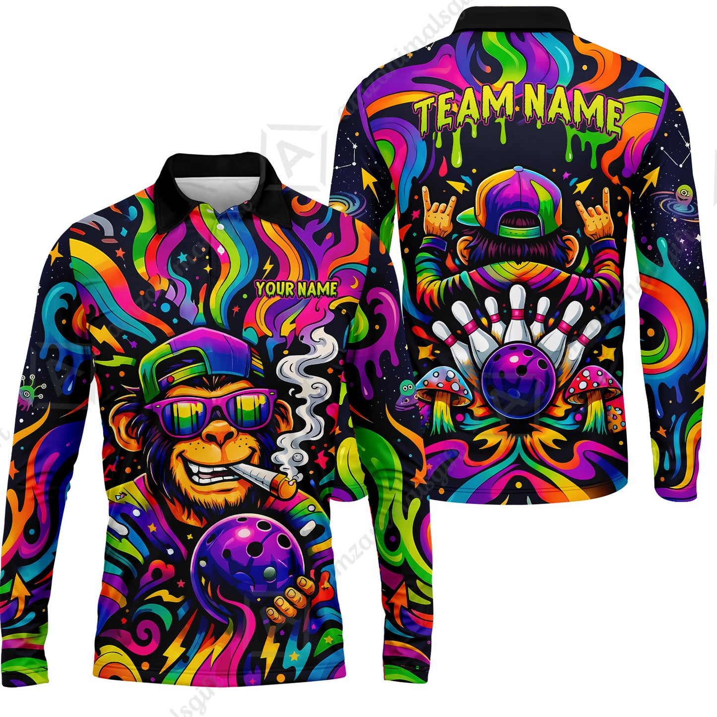 Custom Bowling Jersey Polo Shirt, Psychedelic Trippy Smoking Chimp, Custom Bowling Jersey Team Shirt For Players With Name and Team Name