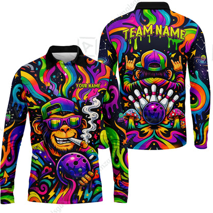 Custom Bowling Jersey Polo Shirt, Psychedelic Trippy Smoking Chimp, Custom Bowling Jersey Team Shirt For Players With Name and Team Name