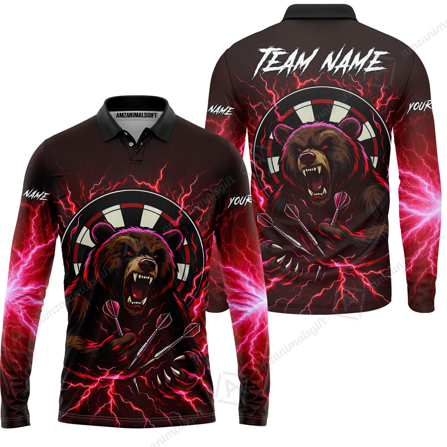 Custom Darts Team Long Sleeve Polo Shirt, Personalized Bear Thunder Lightning Darts Shirt with Name & Team Name