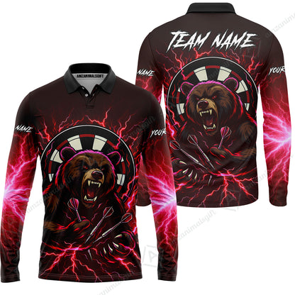 Custom Darts Team Long Sleeve Polo Shirt, Personalized Bear Thunder Lightning Darts Shirt with Name & Team Name