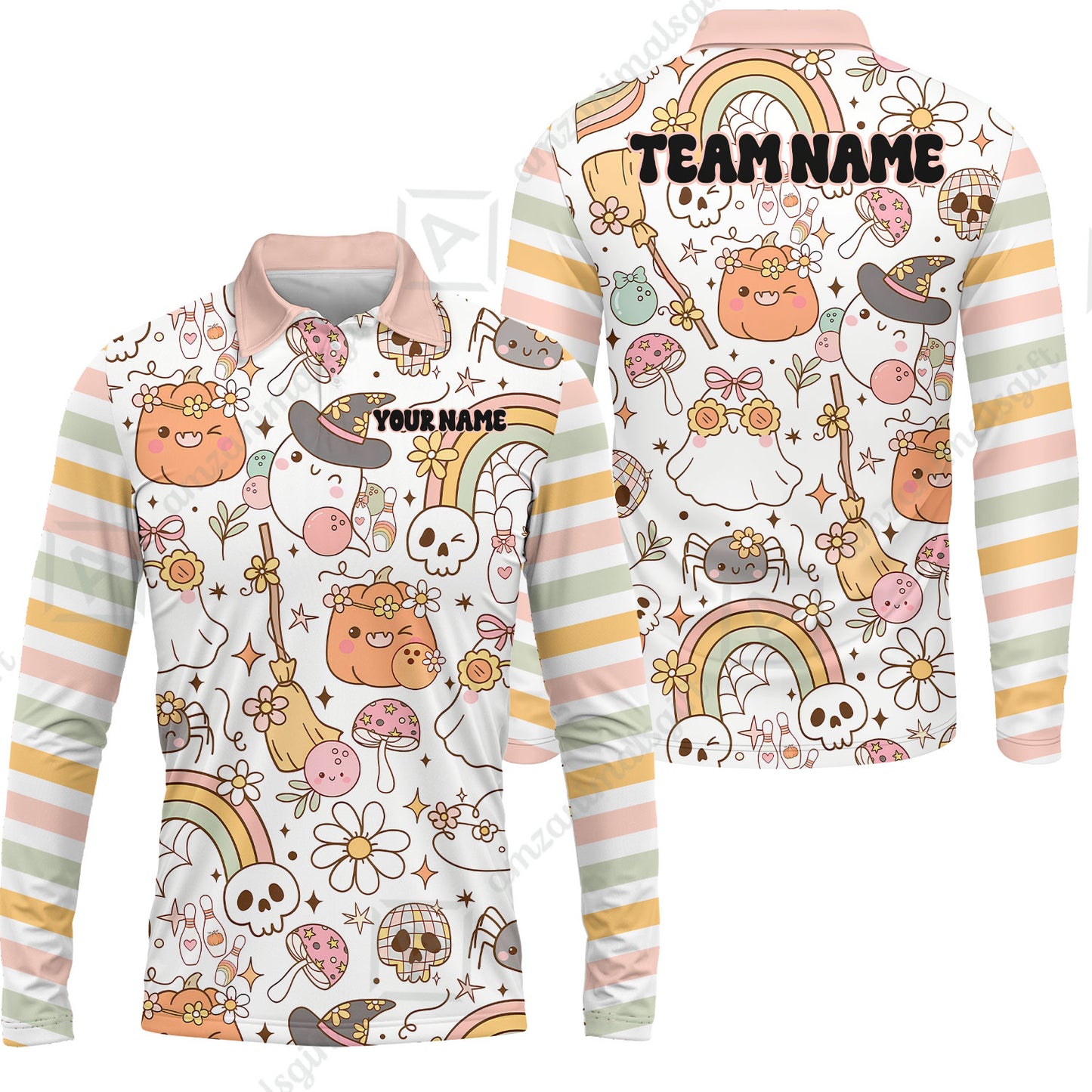 Customized Bowling Shirt, Mushroom Ghost Cute Rainbow Halloween Pattern Bowling, Personalized Polo Shirt For Players With Name & Team Name
