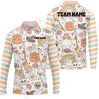 Customized Bowling Shirt, Mushroom Ghost Cute Rainbow Halloween Pattern Bowling, Personalized Polo Shirt For Players With Name & Team Name