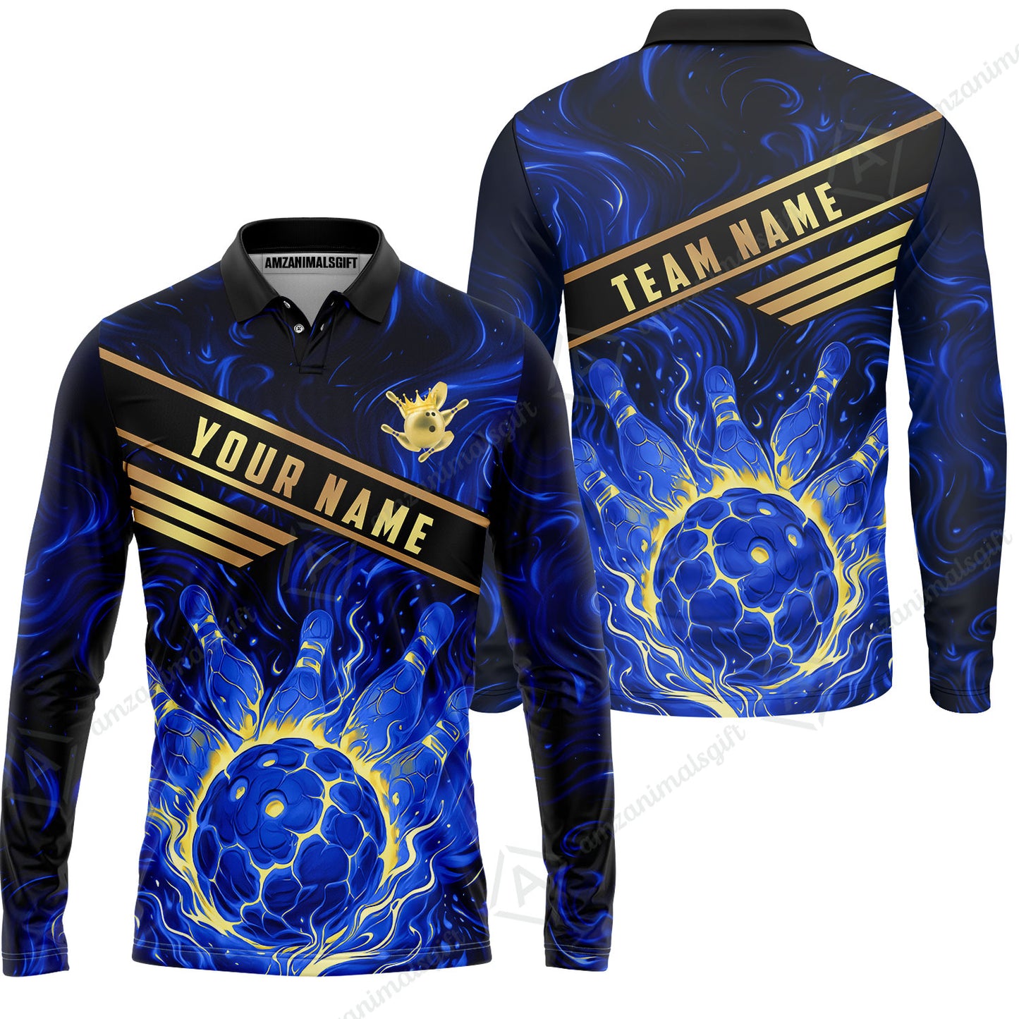 Custom Bowling Polo Shirt, Glowing Bowling Ball and Pins Custom Bowling Polo Team Shirt For Players With Name & Team Name