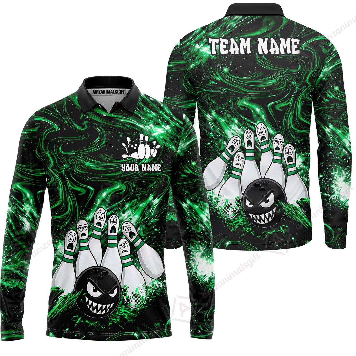 Customized Bowling Unisex Polo Shirt, Bowling Angry Ball VS Screaming Pins, Personalized Name And Team Name