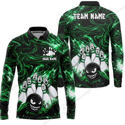 Customized Bowling Unisex Polo Shirt, Bowling Angry Ball VS Screaming Pins, Personalized Name And Team Name