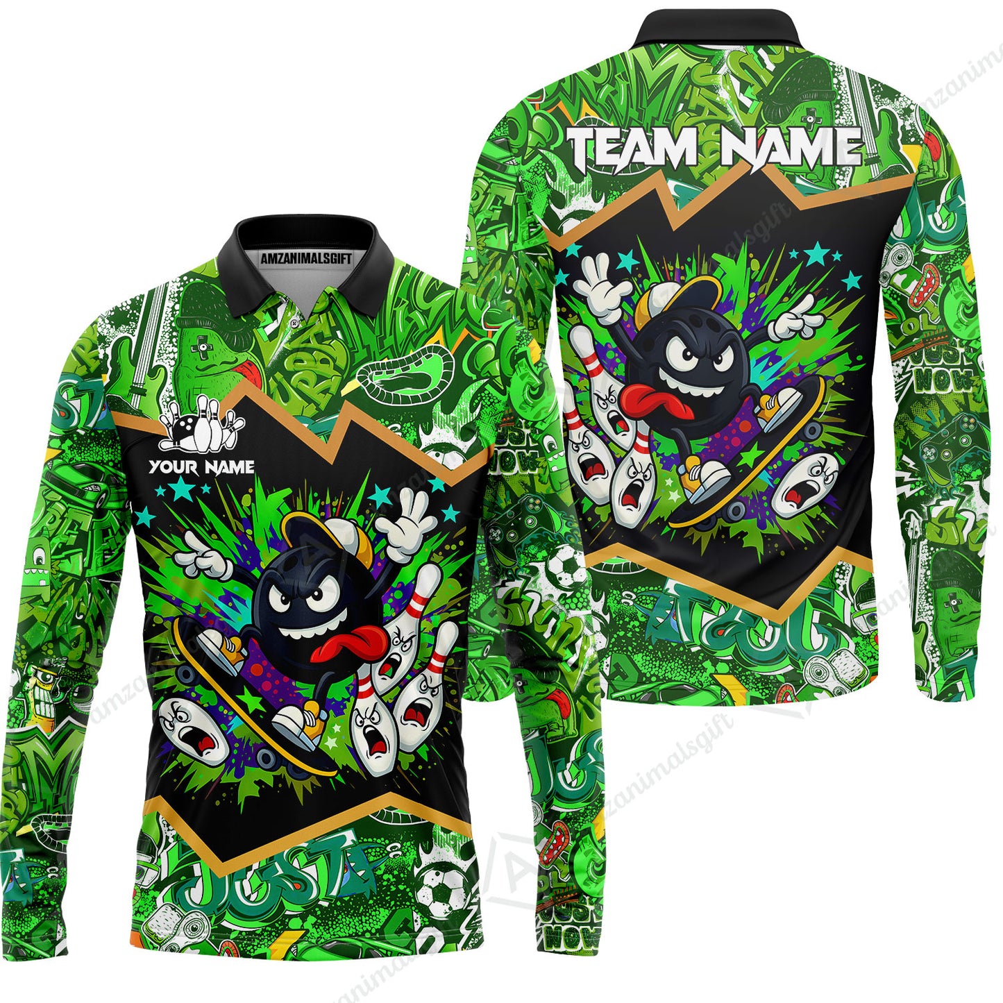 Customized Bowling Unisex Polo Shirt, Skater Bowling Ball Attack, Bowling Uniform, Personalized Name And Team Name