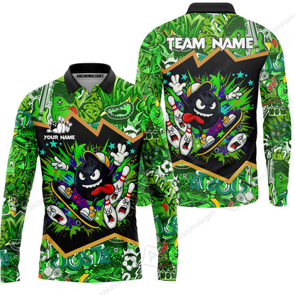 Customized Bowling Unisex Polo Shirt, Skater Bowling Ball Attack, Bowling Uniform, Personalized Name And Team Name