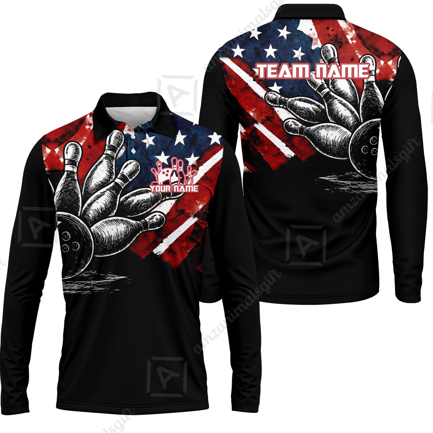 Custom Bowling Jersey Polo Shirt, American Flag and Bowling Pins Sketch, Custom Bowling Jersey Team Shirt For Players With Name and Team Name