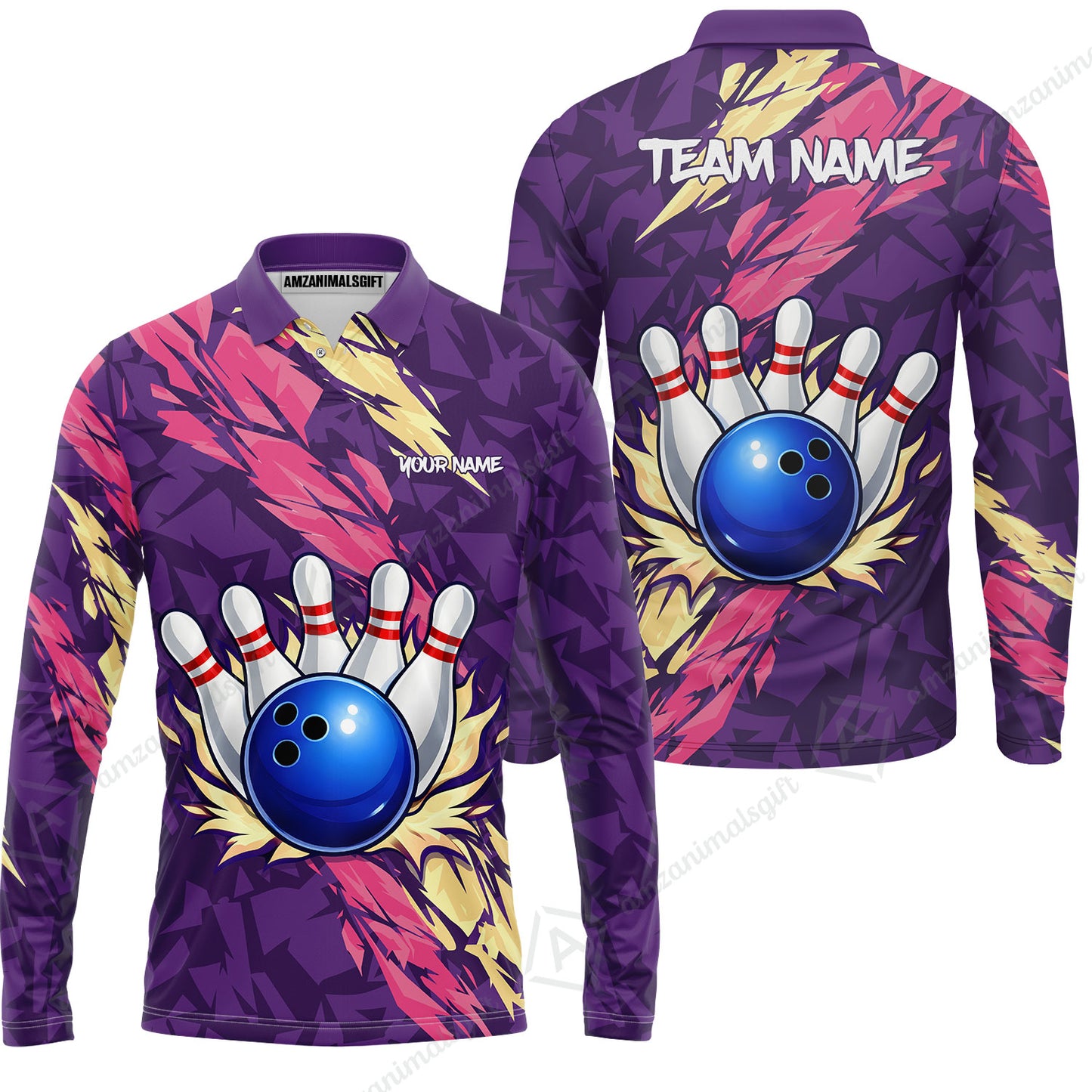 Custom Bowling Team Unisex Polo Shirt, Ion Max Bowling Ball Purple Fire Strike Design for Bowlers
