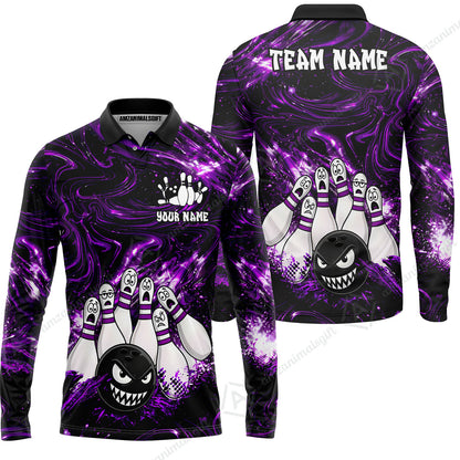 Customized Bowling Unisex Polo Shirt, Bowling Angry Ball VS Screaming Pins, Personalized Name And Team Name