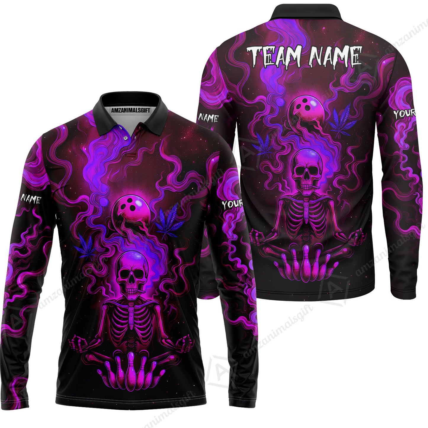 Custom Bowling Team Unisex Polo Shirt, Neon Skull CNB Bowling Custom Shirt Featuring Personalized Name and Team Name