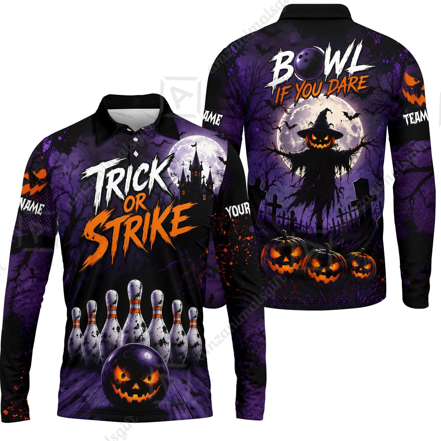Customized Bowling Shirt, Bowl If You Dare Trick Or Strike, Personalized Polo Shirt For Players With Name & Team Name