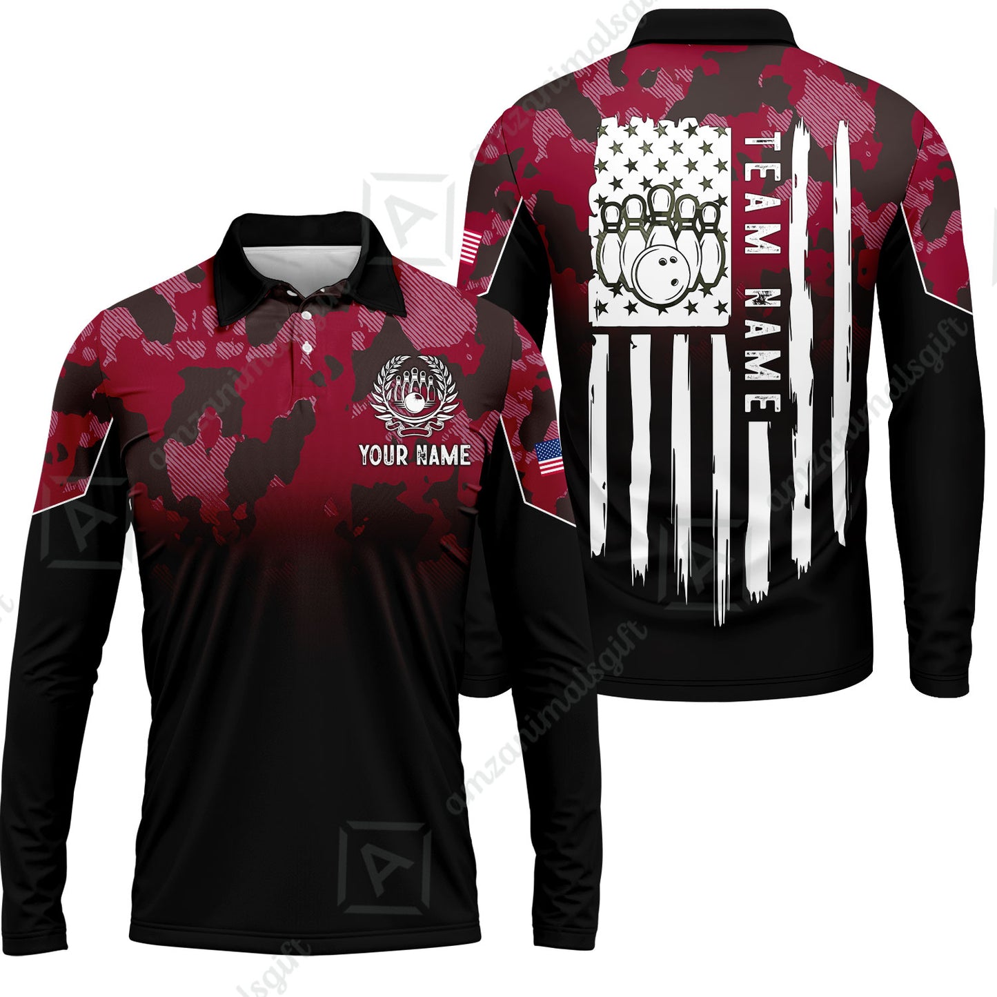 Custom Bowling Jersey Polo Shirt, Tactical Camo Patriotic Flag, Custom Bowling Jersey Team Shirt For Players With Name and Team Name
