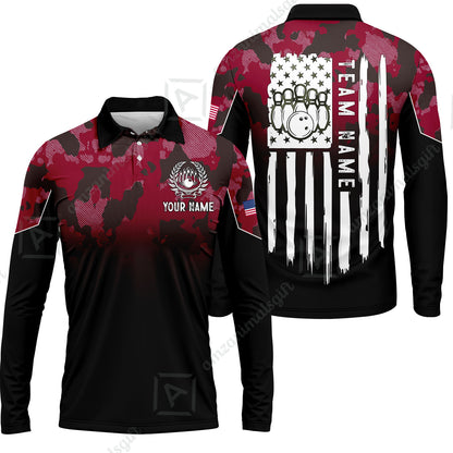 Custom Bowling Jersey Polo Shirt, Tactical Camo Patriotic Flag, Custom Bowling Jersey Team Shirt For Players With Name and Team Name