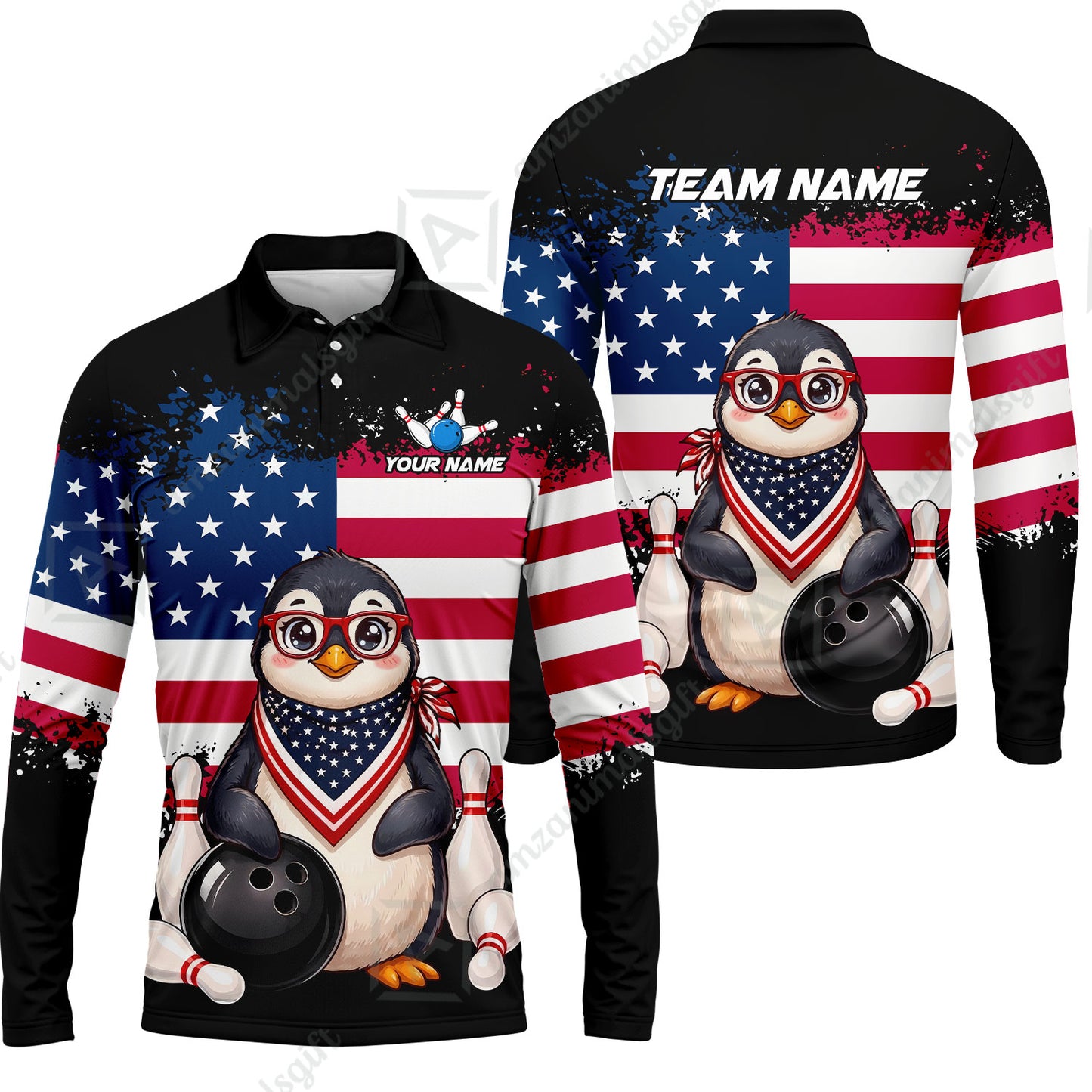 Custom Bowling Jersey Polo Shirt, Animal With Glasses And Bandana America Flag, Personalize Name & Team Name