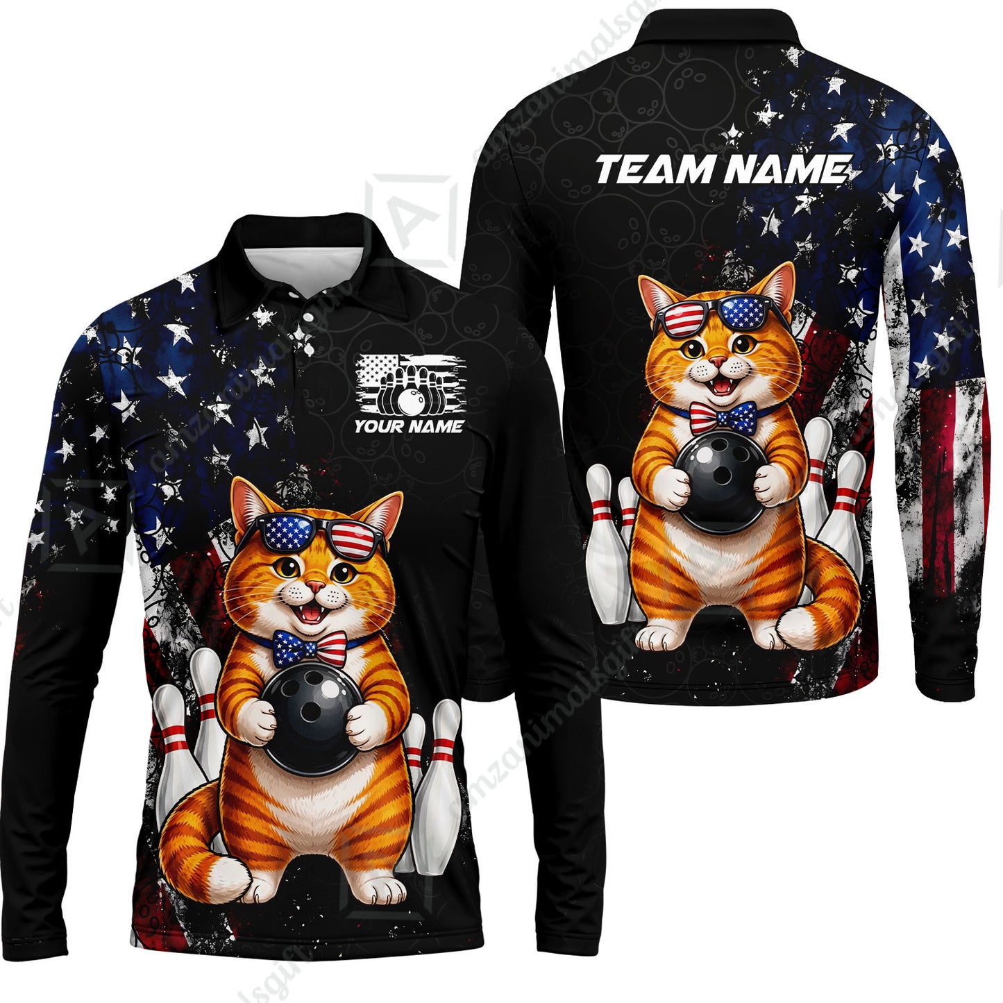 Custom Bowling Jersey Polo Shirt, Cat With Glasses And Bow Tie Bowling Pattern America Flag, Personalize Name and Team Name