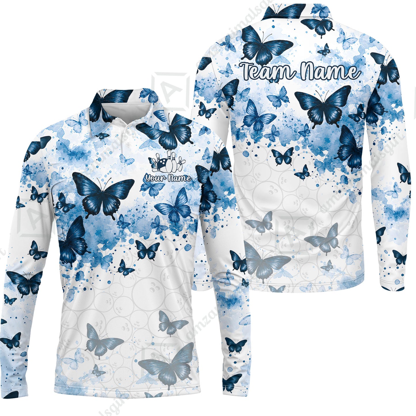 Custom Bowling Jersey Polo Shirt, Blue Watercolor Butterfly Bloom, Custom Bowling Jersey Team Shirt For Players With Name and Team Name