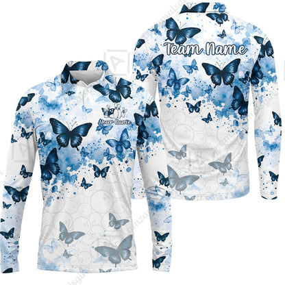 Custom Bowling Jersey Polo Shirt, Blue Watercolor Butterfly Bloom, Custom Bowling Jersey Team Shirt For Players With Name and Team Name