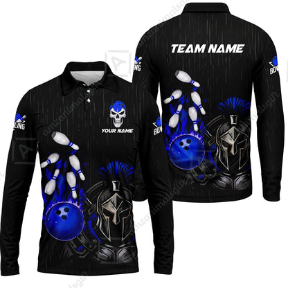 Custom Bowling Jersey Polo Shirt, Fire Bowling Knight Rain Skull Logo, Personalize Name & Team Name