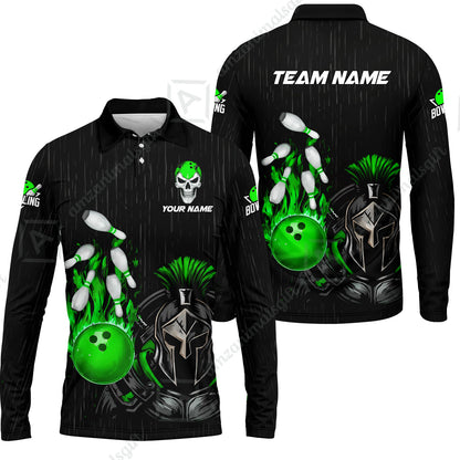 Custom Bowling Jersey Polo Shirt, Fire Bowling Knight Rain Skull Logo, Personalize Name & Team Name