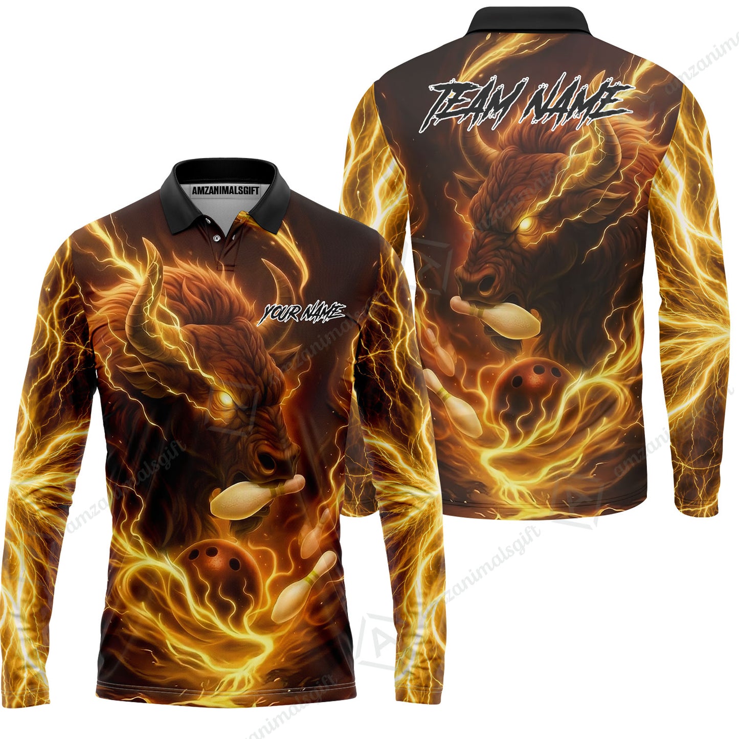 Custom Bowling Jersey Polo Shirt, Charging Bull Bowling Custom Bowling Jersey Team Shirt For Players With Name & Team Name